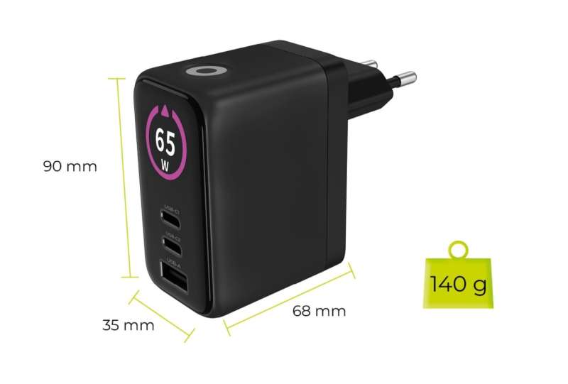 Mobile Origin 65W GaN TFT Display Charger PW20 - 2x USB-C + USB-A Black