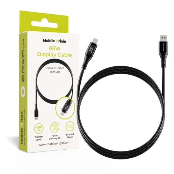 Mobile Origin 66W Display Cable USB-A to USB-C 1,5m Black