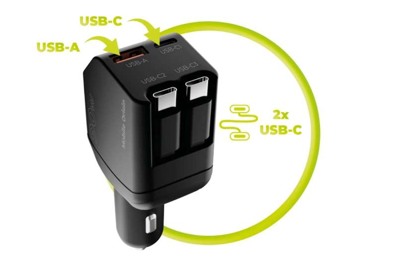 Mobile Origin 90W Car Charger CA22 USB-C + USB-A, 2x USB-C Cable Black