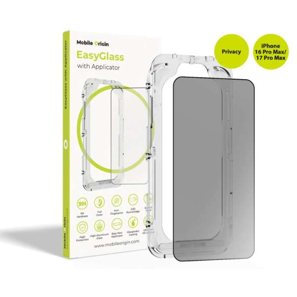 Mobile Origin EasyGlass Privacy with Applicator for iPhone 16 Pro Max/17 Pro Max