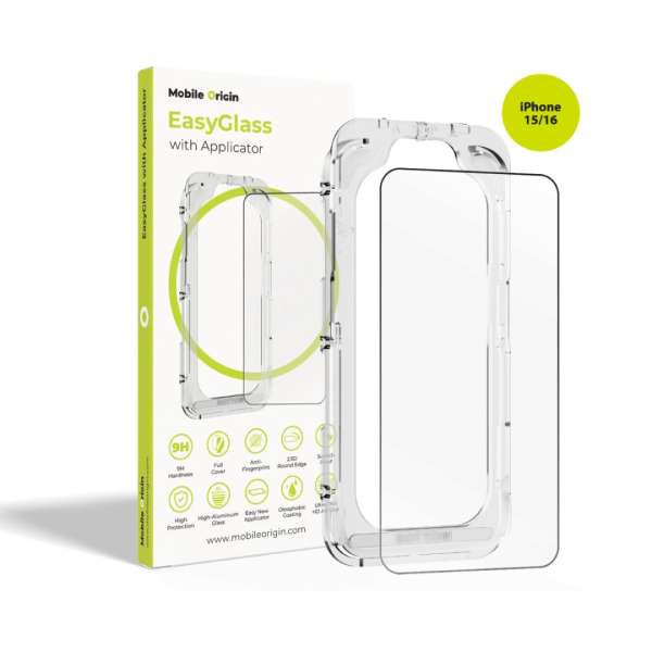 Mobile Origin EasyGlass with Applicator for iPhone 15/iPhone 16