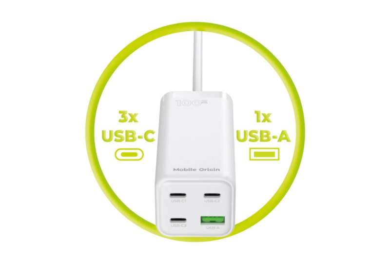 Mobile Origin GaN 100W Compact MultiHub Charger PW18 with 3x USB-C + USB-A