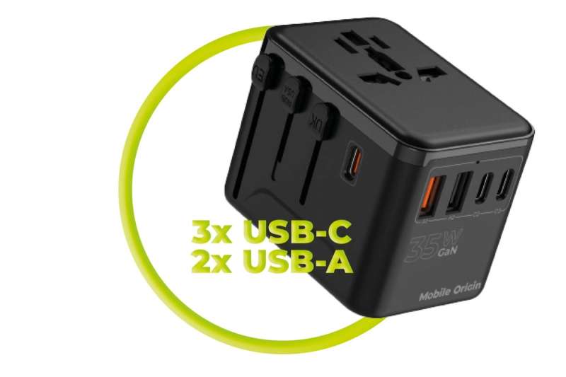 Mobile Origin GaN 35W Travel Adapter PW4 EU/UK/US/AUS, 3x USB-C + 2x USB-A 