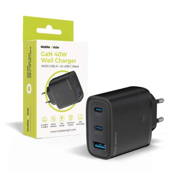 Mobile Origin Mobile Origin GaN 40W Wall Charger MO13, black 1 USB-A + 2 USB-C Black