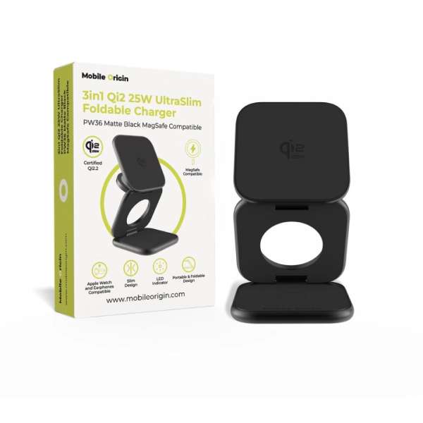 Mobile Origin PW36 3in1 Qi2 25W UltraSlim Foldable Charger Matte Black
