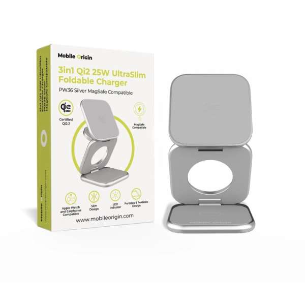 Mobile Origin PW36 3in1 Qi2 25W UltraSlim Foldable Charger Silver