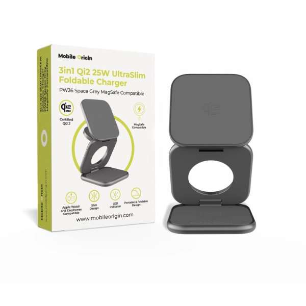 Mobile Origin PW36 3in1 Qi2 25W UltraSlim Foldable Charger Space Grey