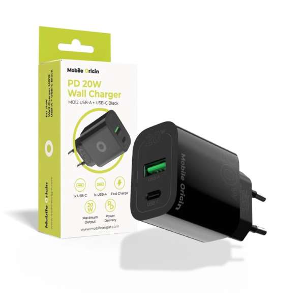 Mobile Origin Wall Charger MO12 PD20W - USB-A + USB-C Black