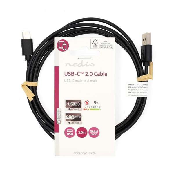 Nedis USB 2.0 USB-A Male to USB-C Male 5W USB Cable 2m Black