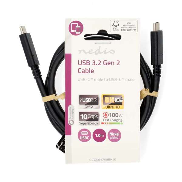 Nedis USB-C Male to USB-C Male USB 3.2 Gen 2 cable 1m Black