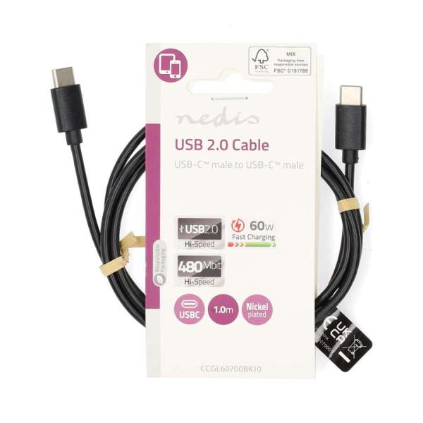 Nedis USB-C to USB-C USB Cable 1m Black