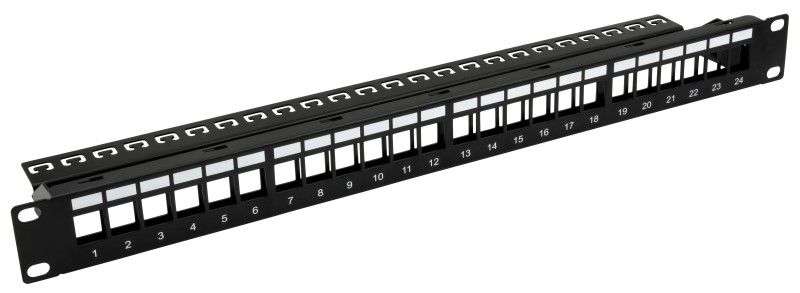Nestron 19" keystone patch panel; 24 port; Cat5e/Cat6/Cat6A kompatibilis; árnyékolatlan; tehermentesítővel