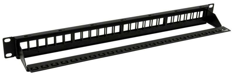 Nestron 19" keystone patch panel; 24 port; Cat5e/Cat6/Cat6A kompatibilis; árnyékolatlan; tehermentesítővel