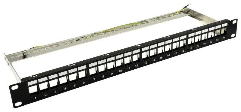 Nestron 19" keystone patch panel; 24 port; Cat5e/Cat6/Cat6A kompatibilis; árnyékolt; tehermentesítővel
