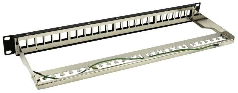 Nestron 19" keystone patch panel; 24 port; Cat5e/Cat6/Cat6A kompatibilis; árnyékolt; tehermentesítővel