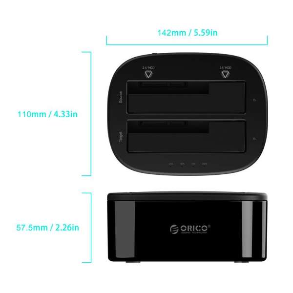 Orico 6228US3-C 2x 2,5"/3,5" HDD/SSD 2 Bay USB3.0 1 to 1 Clone Hard Drive Dock Black