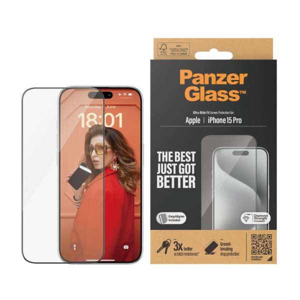PanzerGlass Screen Protector for iPhone 15 Pro UWF w EasyAligner