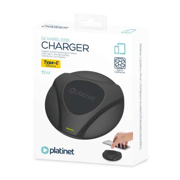 Platinet PWC115B Wireless Charger with Fan Cooling 15W Type-C Black
