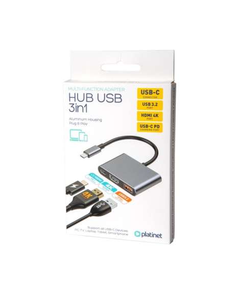 Platinet USB-C 3.2 Gen2 10GB/S Media Hub 3in1 HDMI 4K USB-A 3.2 USB-C PD 100W Aluminium