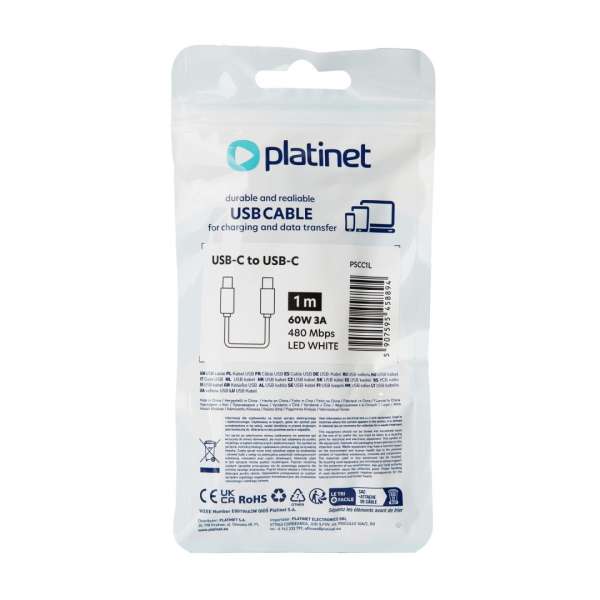 Platinet USB-C to USB-C 60W LED Cable 1m White