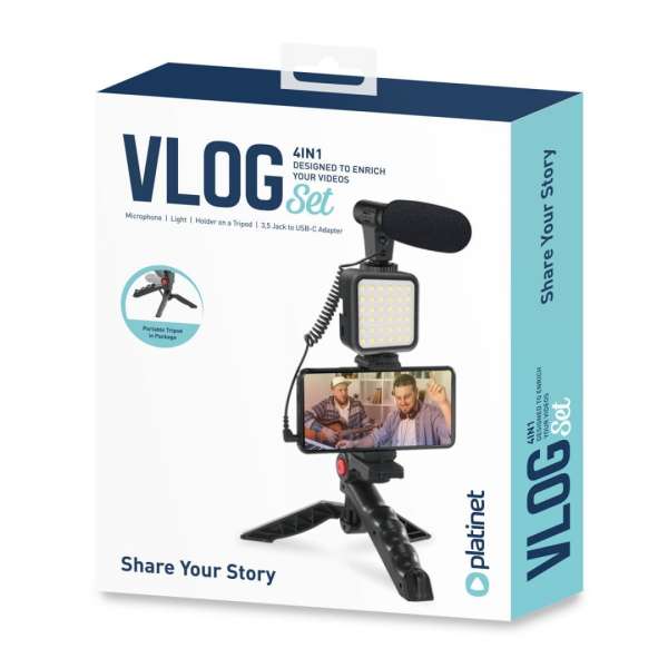 Platinet Vlog 4in1 Microphone/Light/Phone Holder/Tripod Black