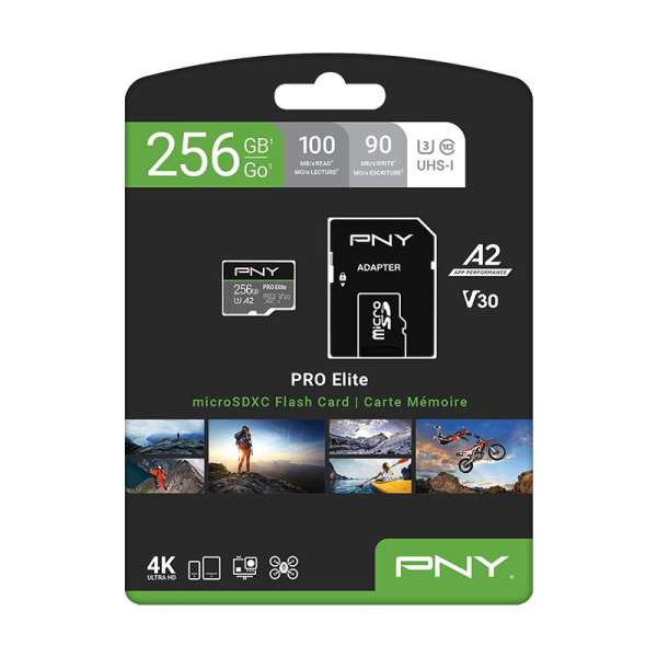 PNY 256GB microSDXC Pro Elite Class 10 U3 V30 A2 + adapterrel