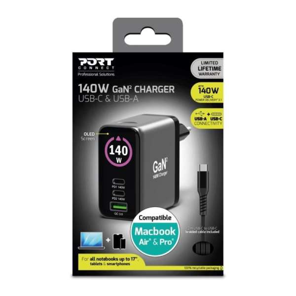 Port Designs GaN² wall charger 140W PD 3.1 OLED screen with 2M USB-C cable