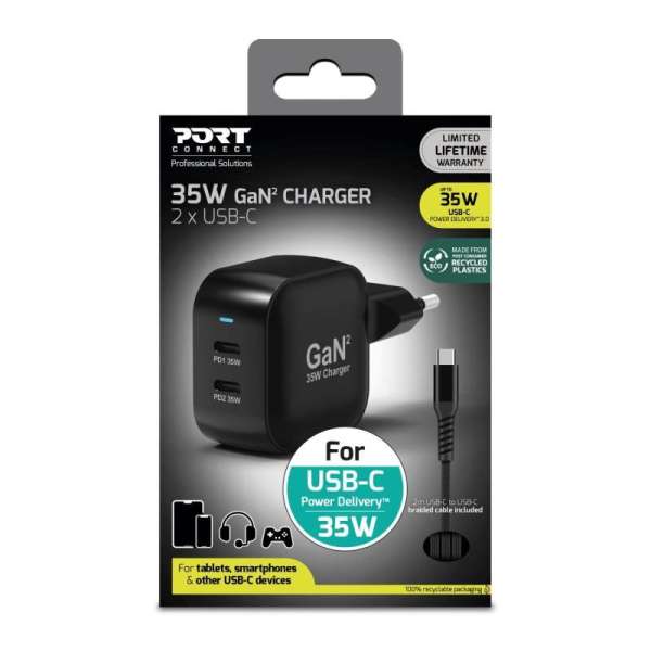Port Designs GaN2 PD 35W Wall Charger with 2M USB-C cable Black
