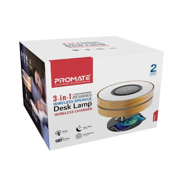 Promate Mirth 3-in-1 Contemporary Designed Wireless Speaker with Desk Lamp and Wireless Charger Wood