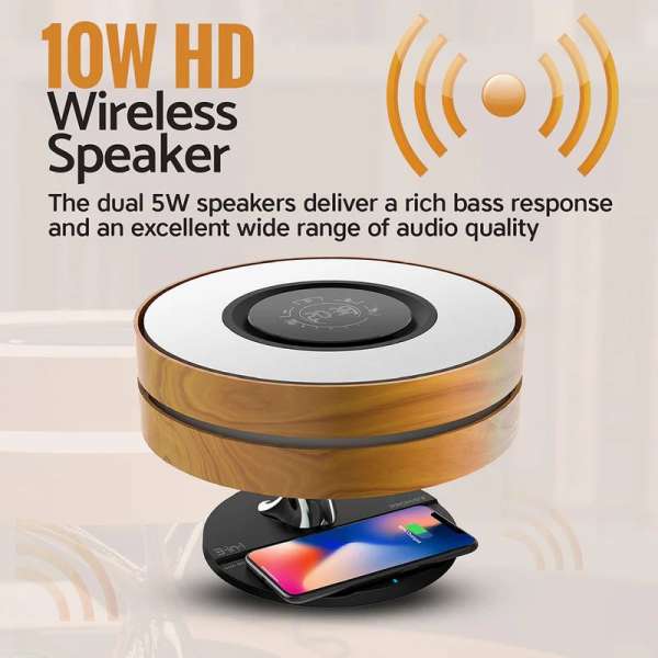 Promate Mirth 3-in-1 Contemporary Designed Wireless Speaker with Desk Lamp and Wireless Charger Wood