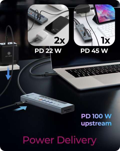 Raidsonic IcyBox IB-HUB1742CR-C2PD 11-portos USB3.2 HUB Black