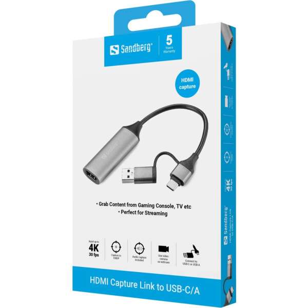 Sandberg HDMI Capture Link to USB-C/A Grey