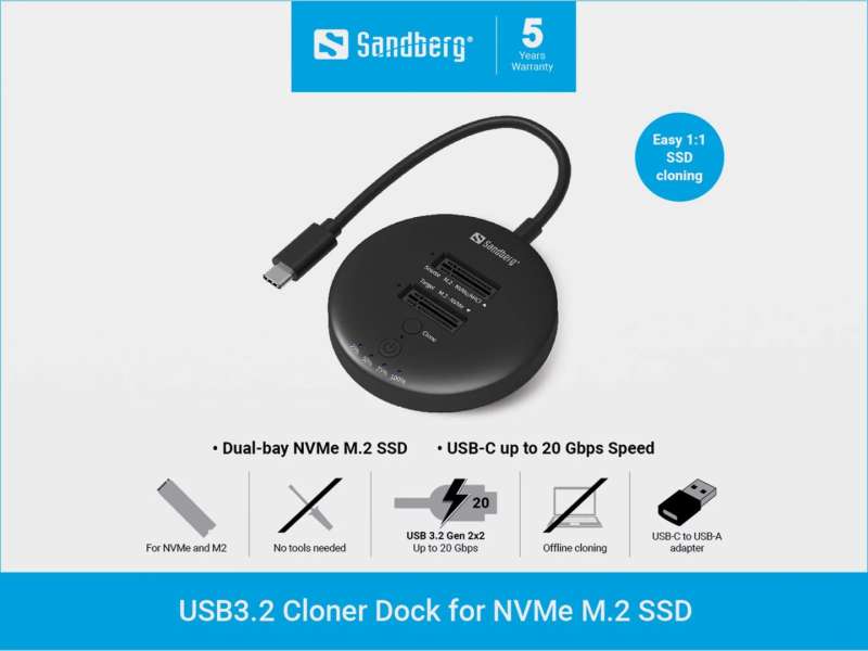 Sandberg Sandberg M.2 SSD dokkoló -USB3.2 Cloner Dock for M2+NVMe