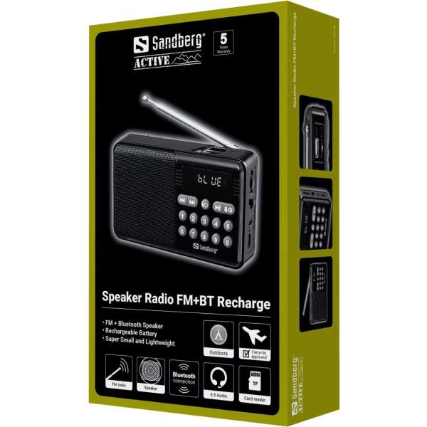 Sandberg Sandberg Speaker Radio FM+BT Recharge, 15 h, 5 W, Black