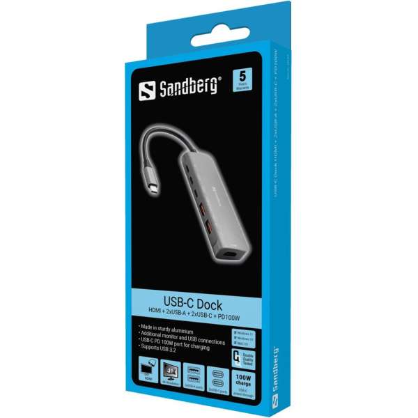 Sandberg USB-C Docking Station HDMI+2xUSB-A+2xUSB-C+PD (100W) Grey
