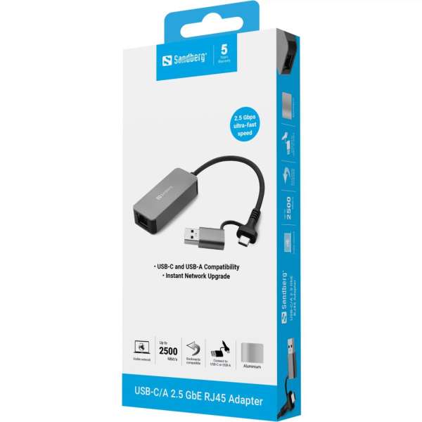 Sandberg USB-C/A 2.5 GbE RJ45 Adapter