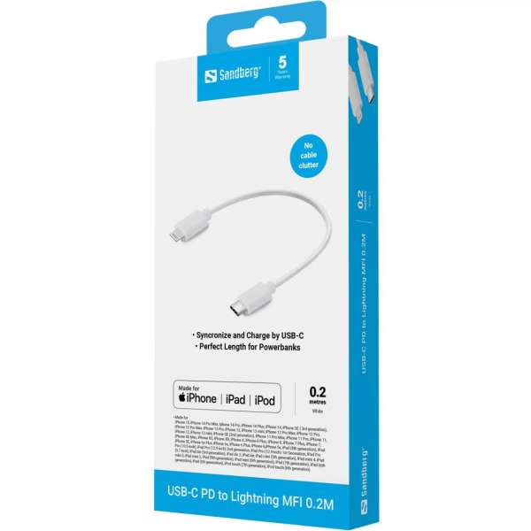 Sandberg USB-C PD to Lightning cable 0,2m White