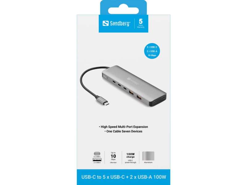 Sandberg USB-C to 5xUSB-C+2xUSB-A 100W Grey