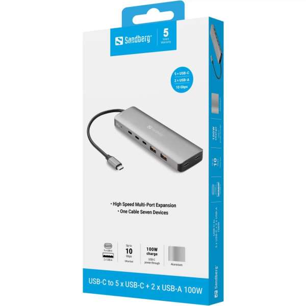Sandberg USB-C to 5xUSB-C+2xUSB-A 100W Grey