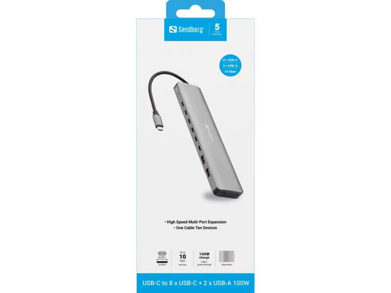 Sandberg USB-C to 8xUSB-C+2xUSB-A 100W Grey