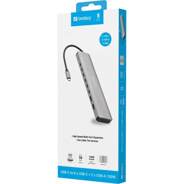 Sandberg USB-C to 8xUSB-C+2xUSB-A 100W Grey