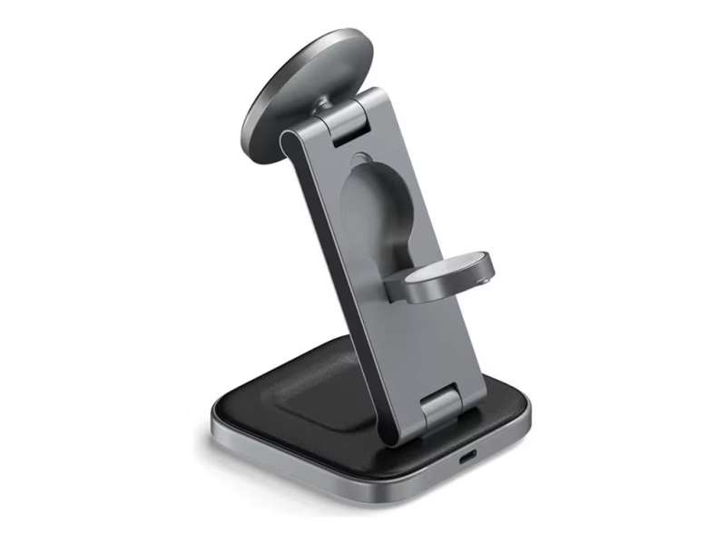 Satechi 3-in-1 Foldable Qi2 Wireless Charging Stand with Type A/C/G plugs Space Gray