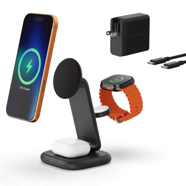 Satechi 3-in-1 Foldable Wireless Charging Stand with Qi2 25W Space Black