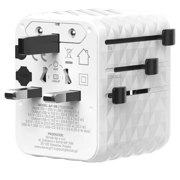 Savio AP-08 Universal travel adapter 20W White