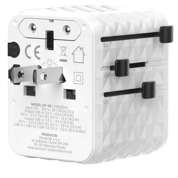 Savio AP-08 Universal travel adapter 20W White