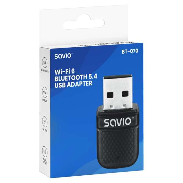 Savio BT-070 Wi-Fi 6 & Bluetooth adapter Black