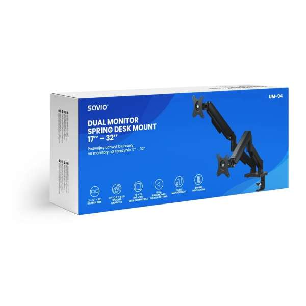 Savio UM-04 Dual monitor spring desk mount 17"-32" Black