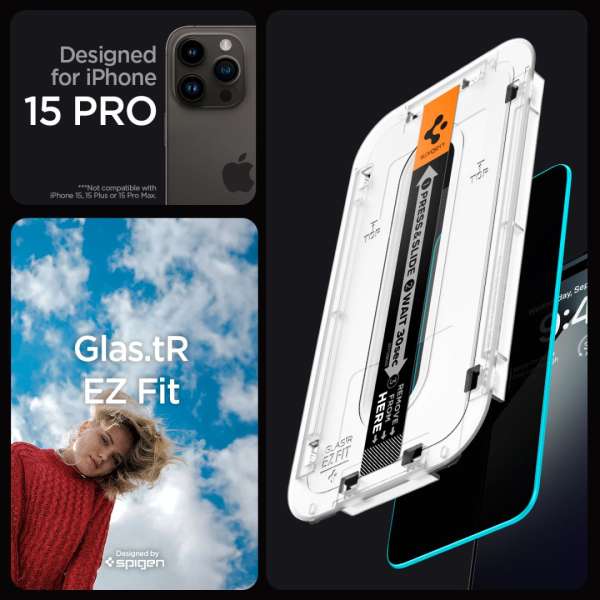Spigen iPhone 15 Pro Screen Protector EZ FIT GLAS.tR Privacy Transparency (2 Pack)
