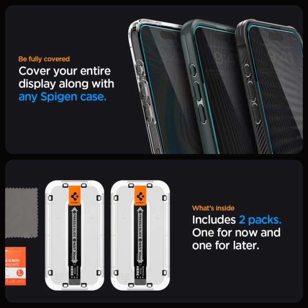 Spigen iPhone 15 Pro Screen Protector EZ FIT GLAS.tR Privacy Transparency (2 Pack)