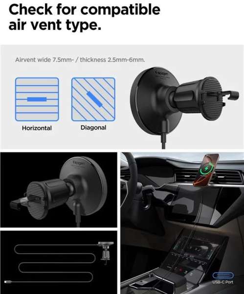 Spigen OneTap Pro 4 MagSafe Car Mount Charger Wireless / AirVent Hook Black
